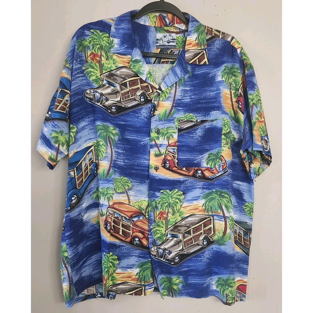Pineapple Connection Mens Size M Hawaiian Shirt Palm Trees Classic Woody Cars